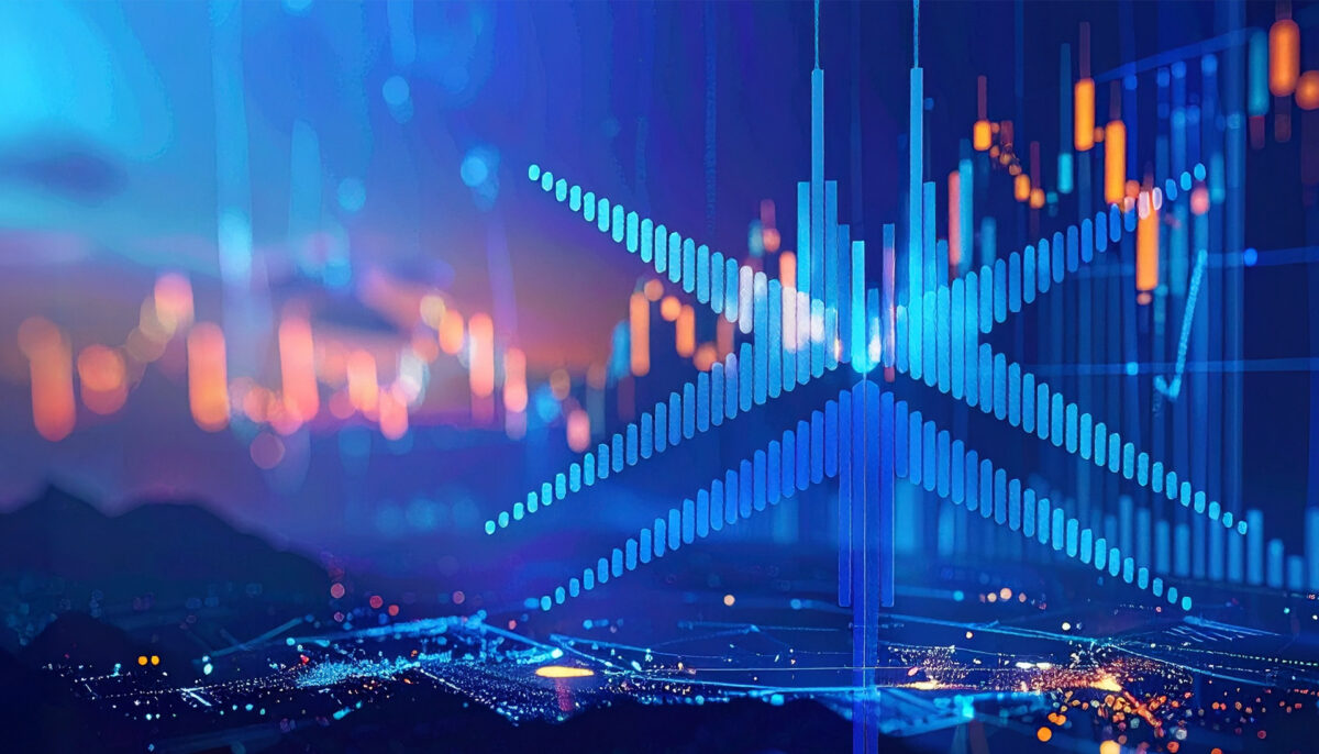 financial graph superimposed over an image of a city and mountains