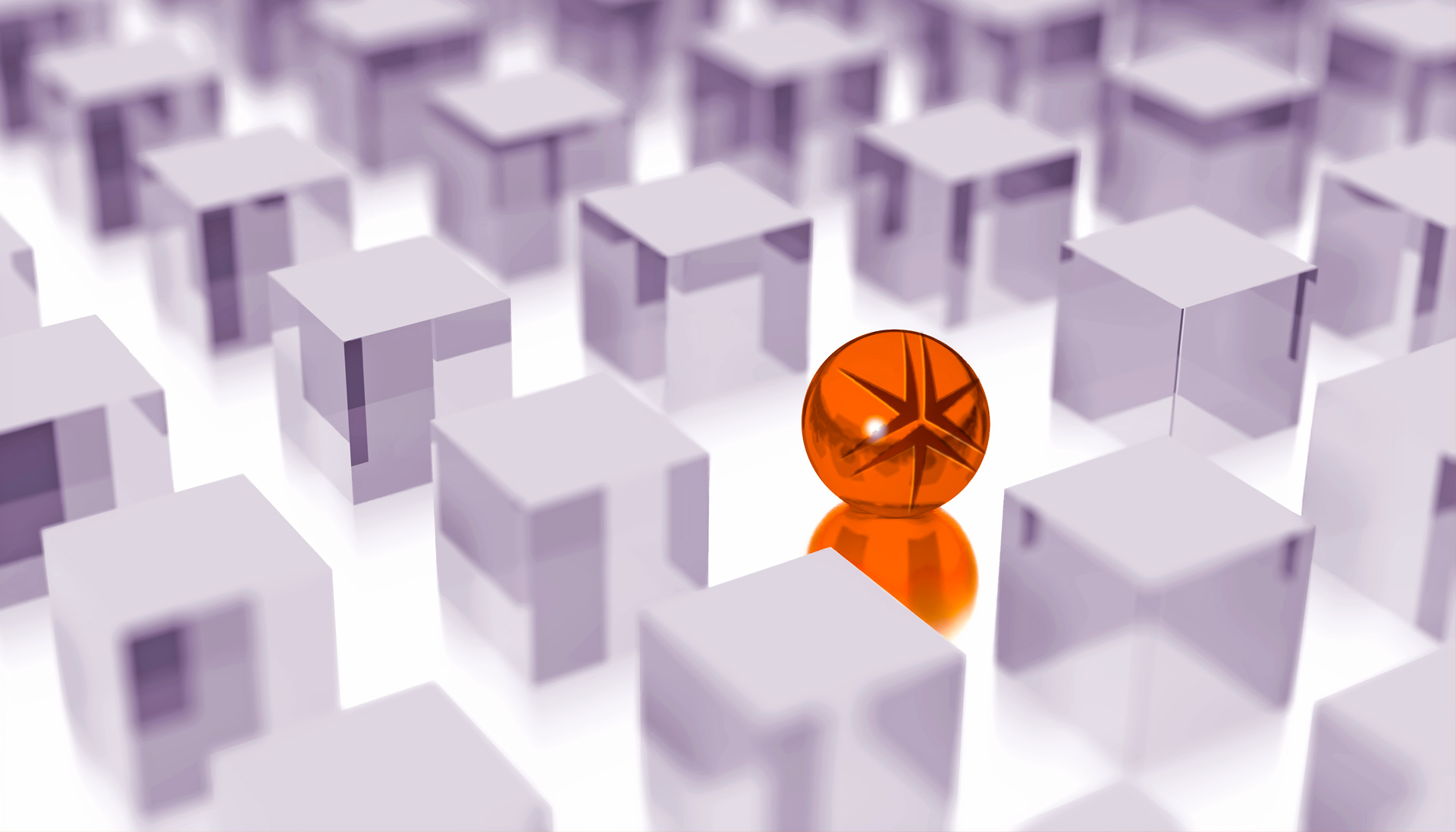 Orange glass marble with Miller Thomson spark sits among numerous symmetrically placed purple glass cubes