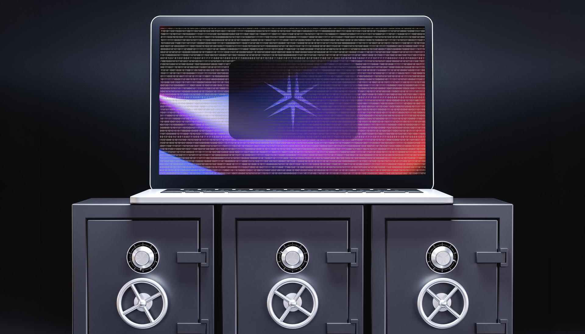 large computer screen sits on top of 3 safes