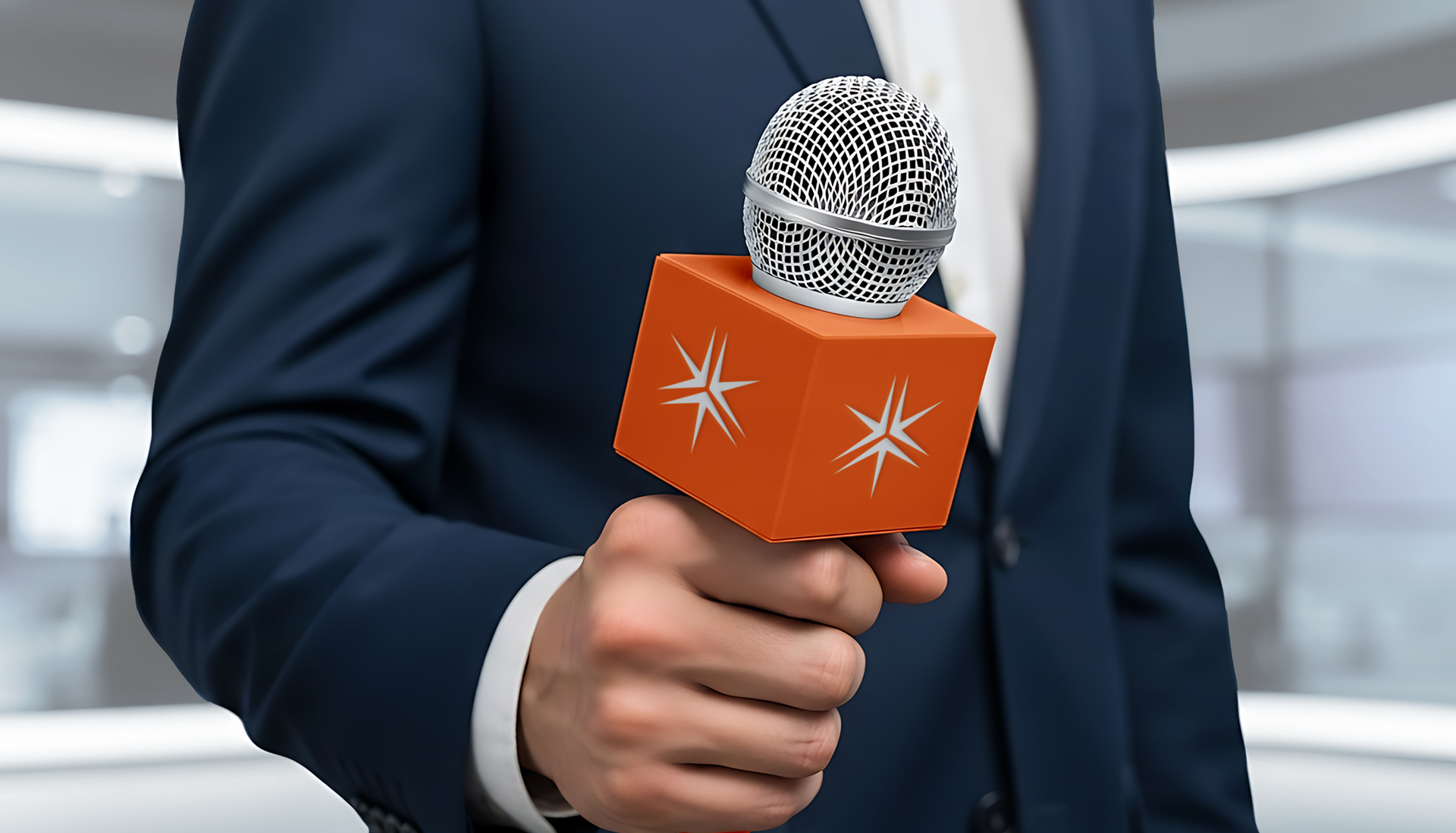 man in suit holds a microphone. The mic flag bears the Miller Thomson spark.
