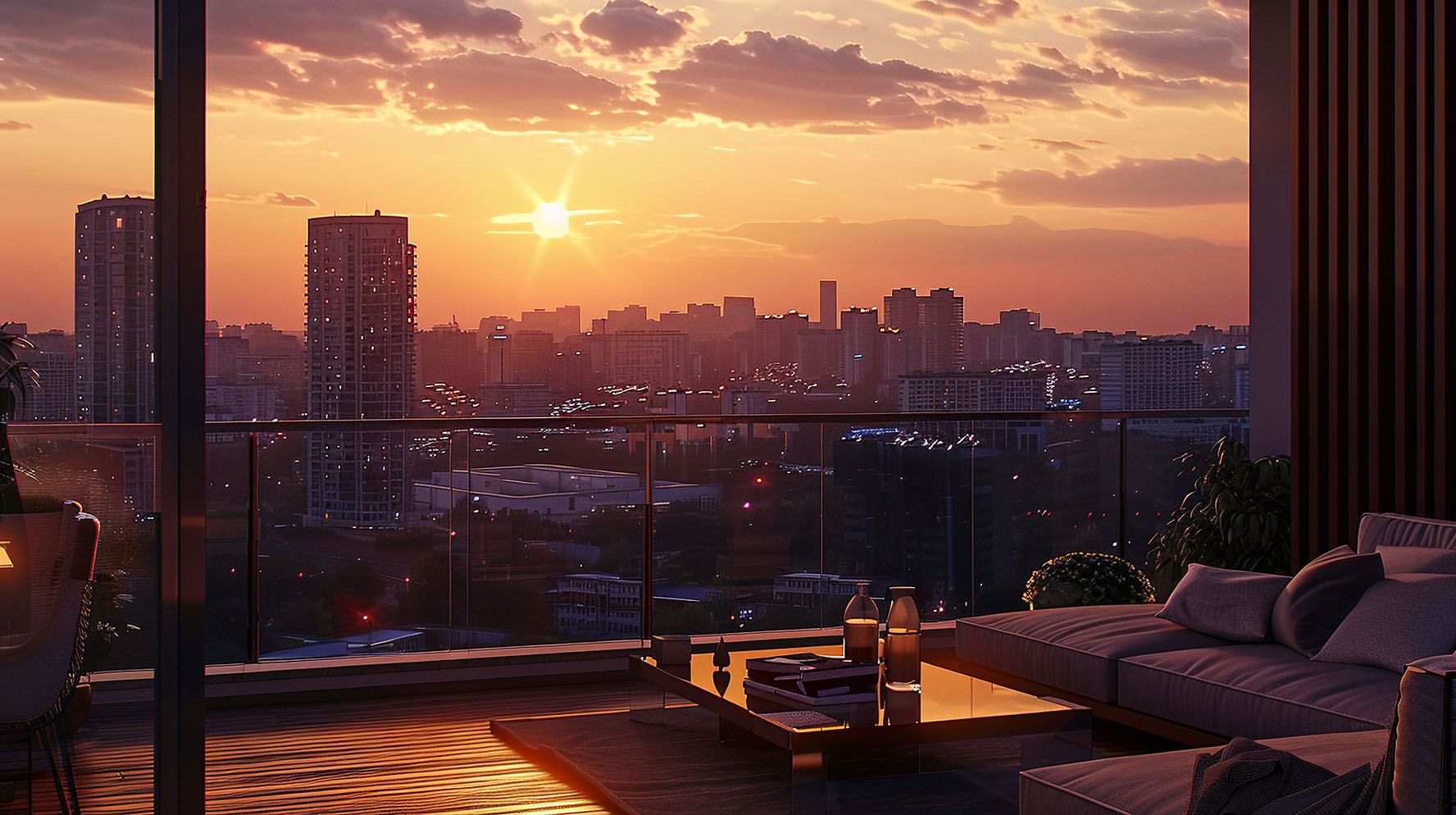 view from condominium balcony overlooking city at sunset