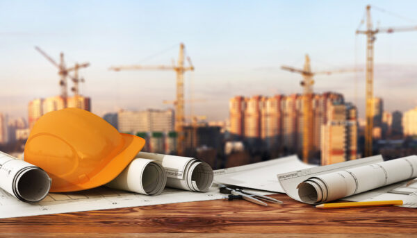hardhat and blueprints with construction site in the background