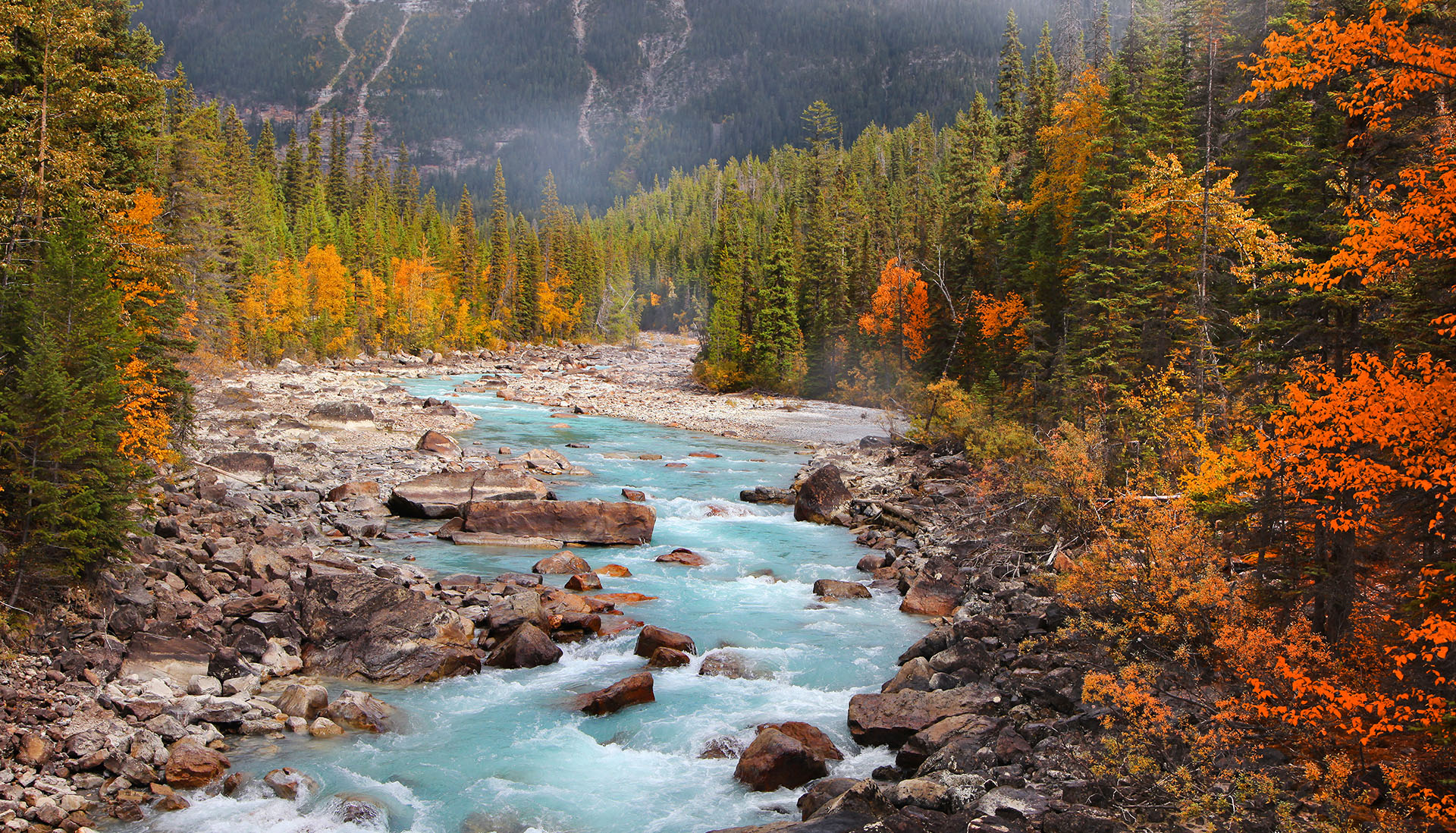 river bank and mountains in the autumn