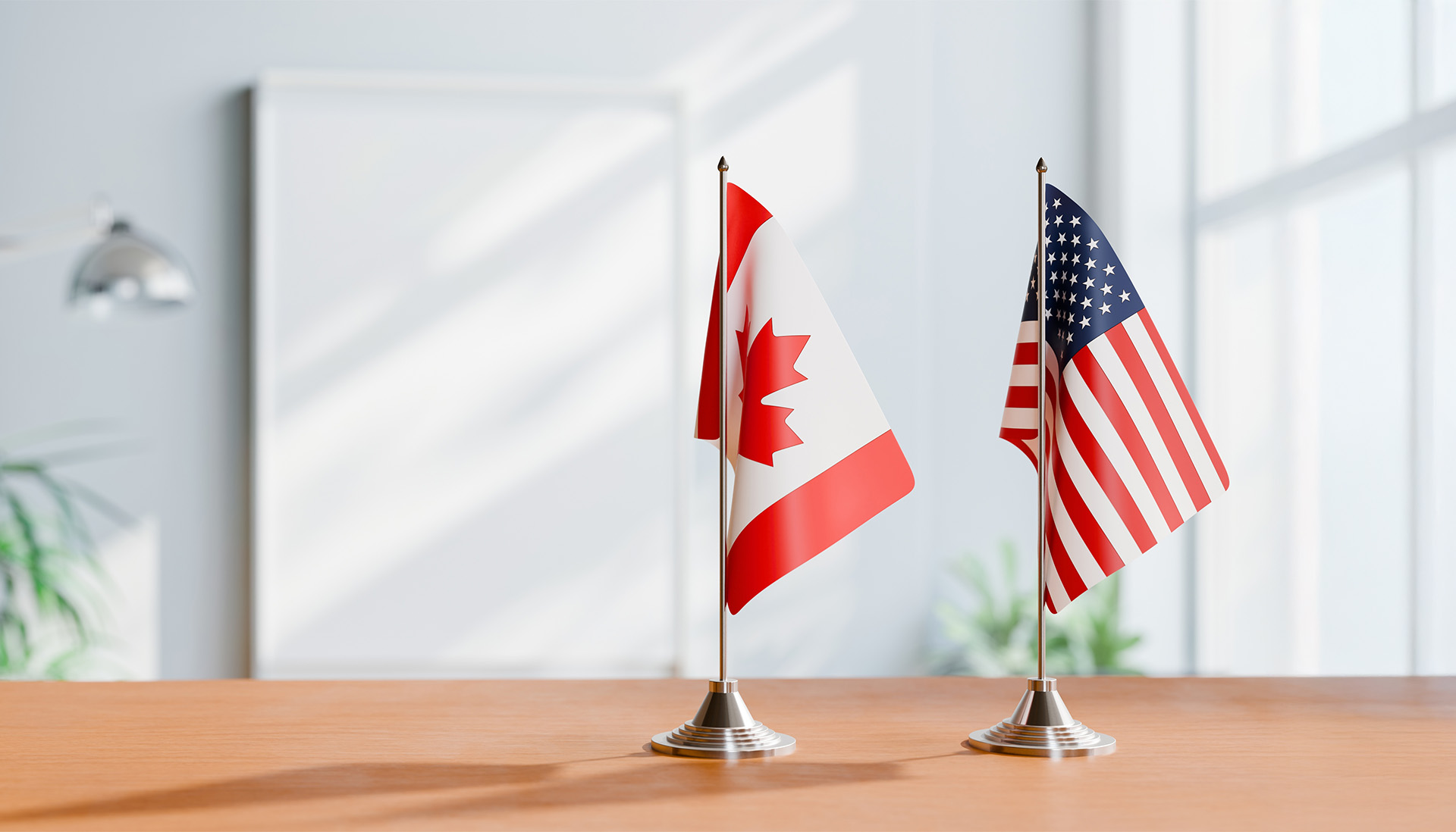 Canadian and American flags on a table