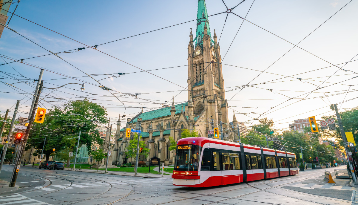Streetcar riding by St. James in Toronto.