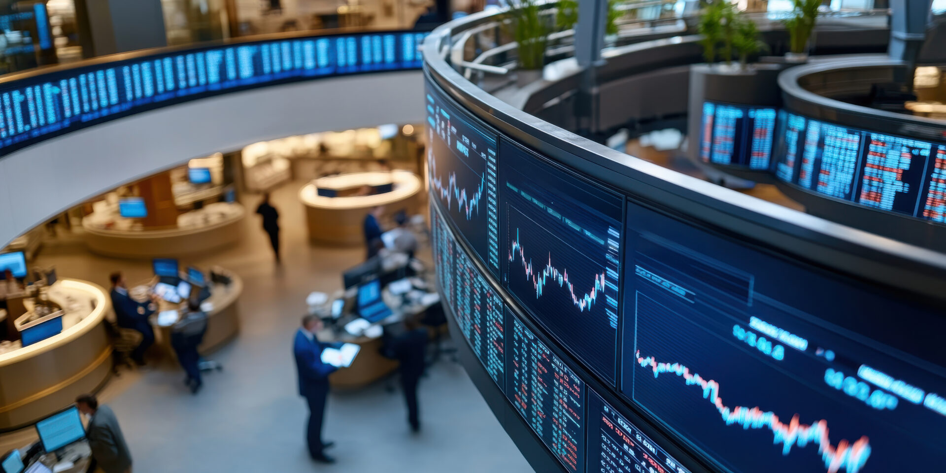 trading floor on the stock exchange with screens displaying stock market graphs