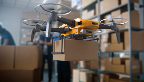 UAV Drone Carrying Cardboard Box with Products with warehouse workers in the background