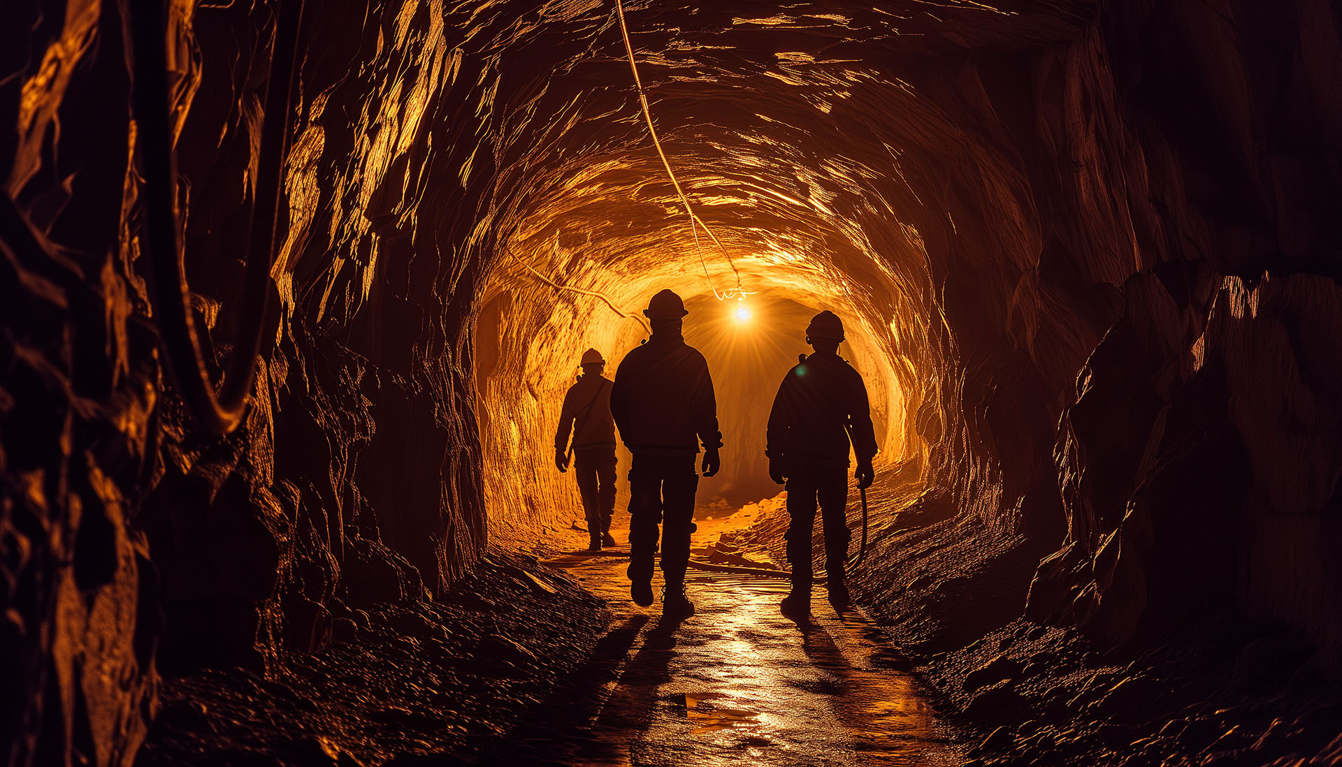 three workers walking through a mine tunnel