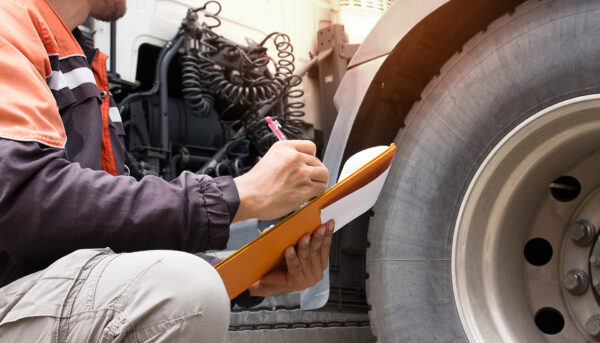 Mechanic going through truck inspection checklist  on a clipboard