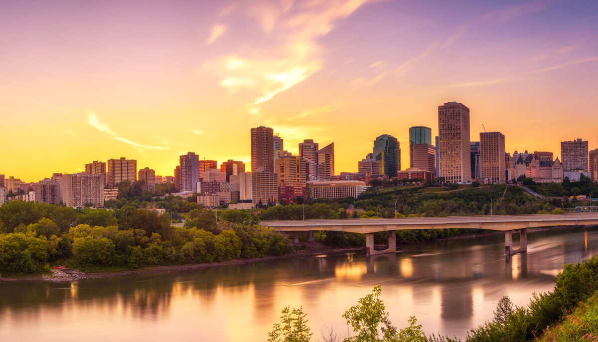 Sunset above Edmonton downtown and the Saskatchewan River, Canada