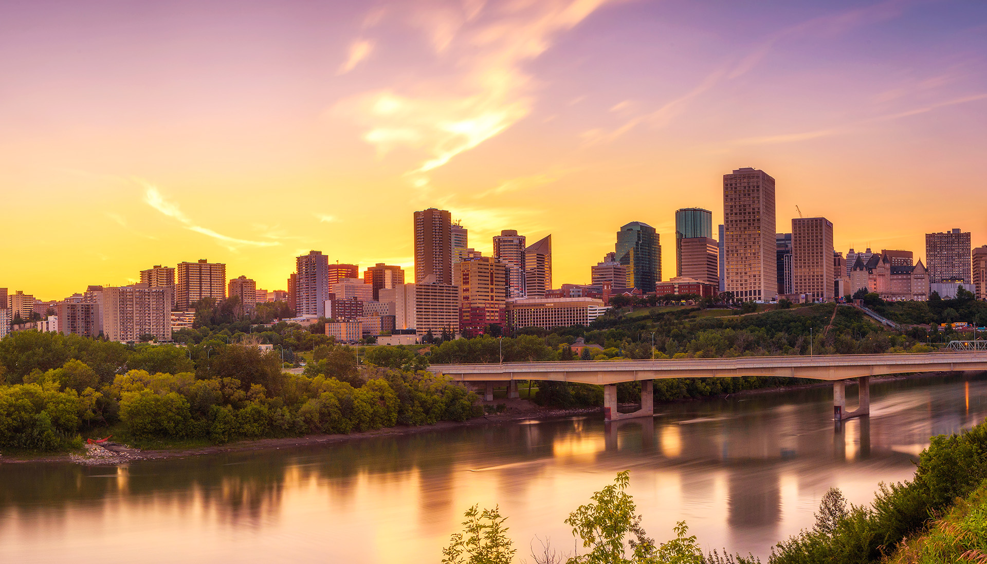 Sunset above Edmonton downtown and the Saskatchewan River, Canada