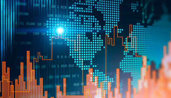 digital world map superimposed with bar graph