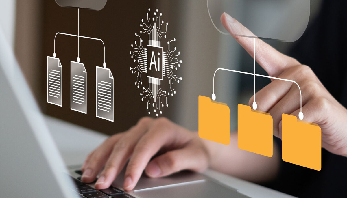 Person using computer with overlay of a digital illustration depicting artificial intelligence