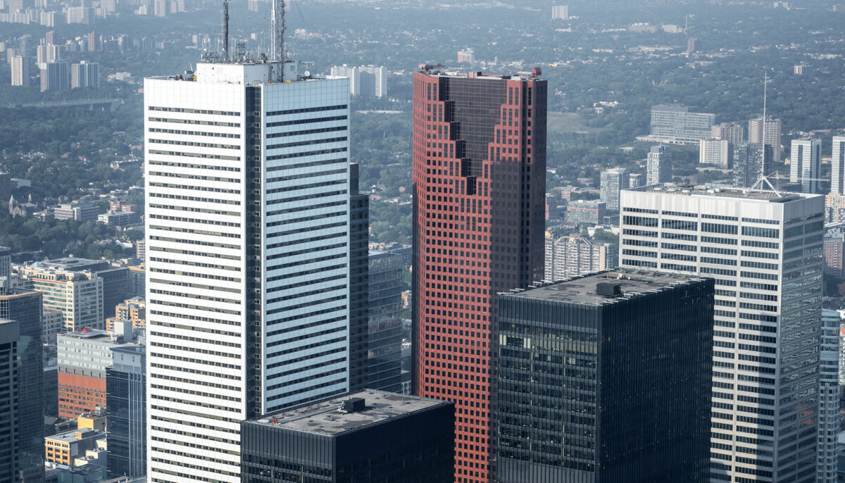 overhead view of Toronto's financial district focusing on Scotia Tower