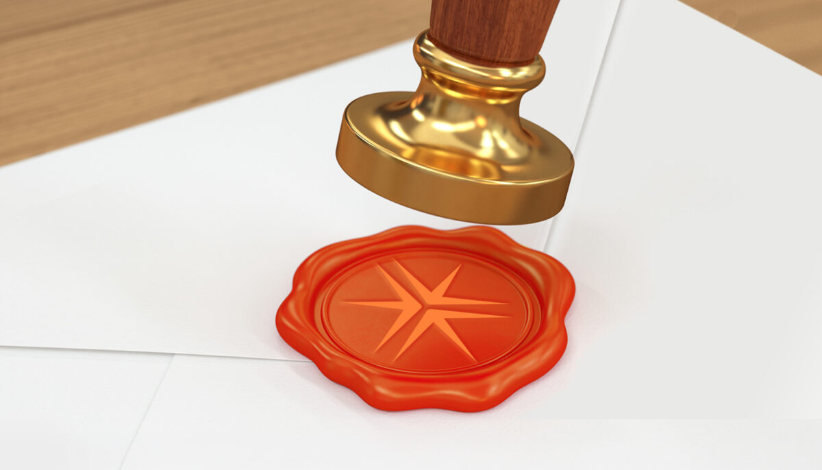 notary stamp over wax seal on an envelope