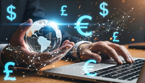 Hands using a laptop beside a digital globe with floating currency symbols including the dollar, euro and pound signs, connected by a network of glowing data lines