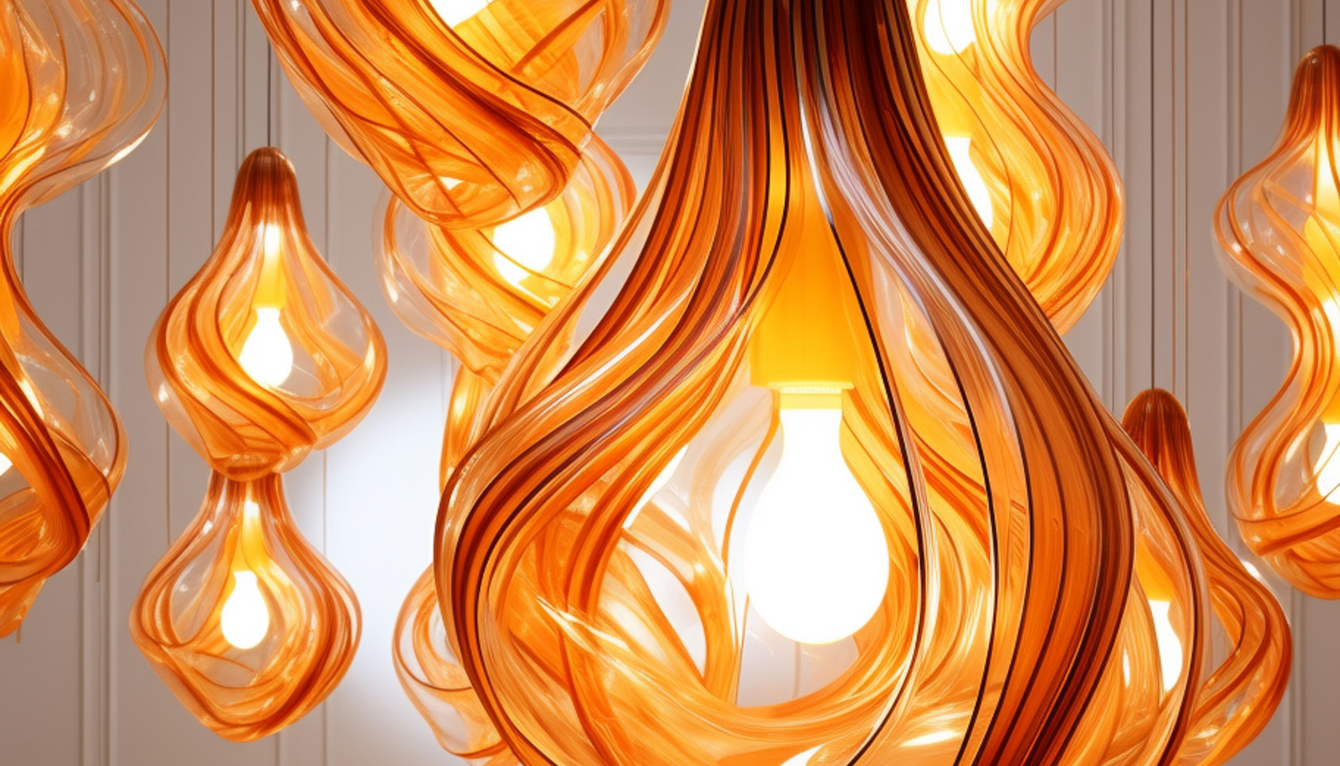 Close-up view of several decorative pendant light bulbs featuring flowing, ribbon-like orange glass designs surrounding illuminated bulbs.